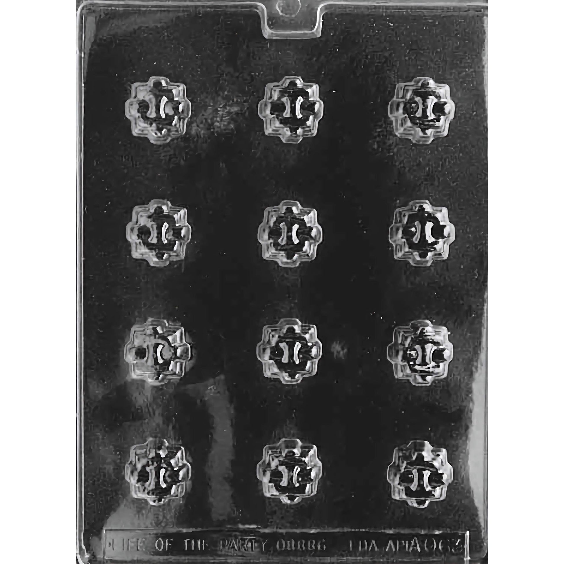 Filled Pieces Chocolate Mold with twelve cavities, each designed to create filled chocolate pieces. The mold produces 1-1/8 inch diameter and 9/16 inch deep chocolate pieces, using approximately 0.2 ounces of chocolate per piece. Made of food-grade plastic and manufactured in the USA.