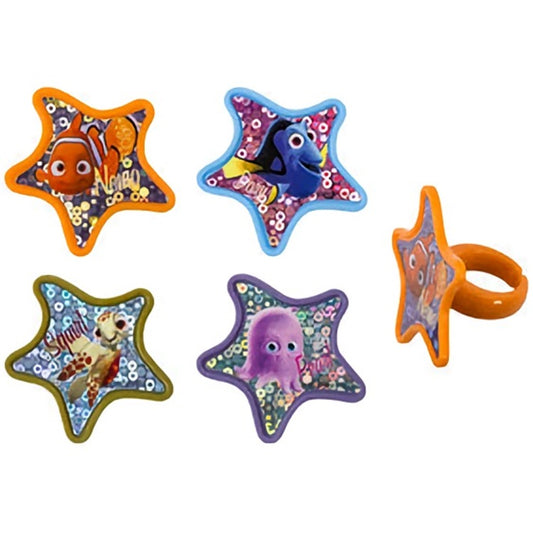 Finding Nemo themed cupcake toppers with starfish-shaped rings showcasing characters from popular ocean adventure animations, making them a splash hit for sea-themed events or fans of aquatic tales.