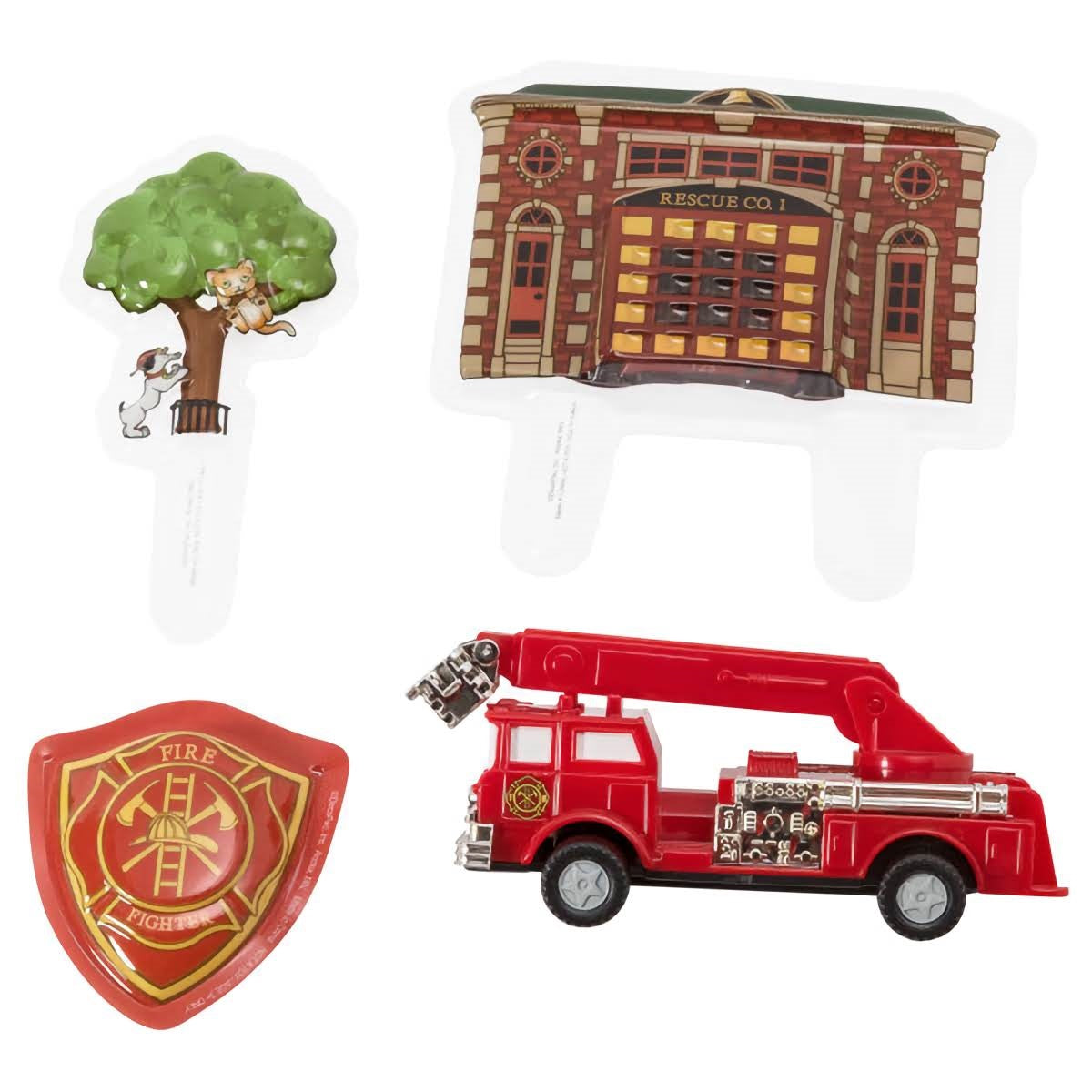 Fire and Rescue cake topper kit, including a firetruck, fire station, shield, and a tree with a cat and dog, for thematic birthday cakes or community service celebration desserts.