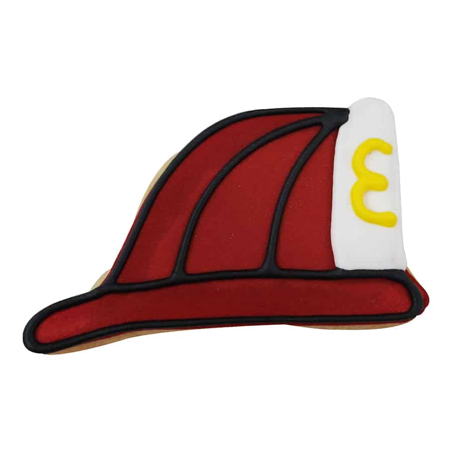 Fireman's helmet-shaped cookie decorated with red icing, black outlines, and a white front panel featuring a yellow '3'.