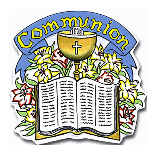 First Communion cake topper featuring a gold chalice, open Bible, lilies, and a blue banner with “Communion” in yellow letters.