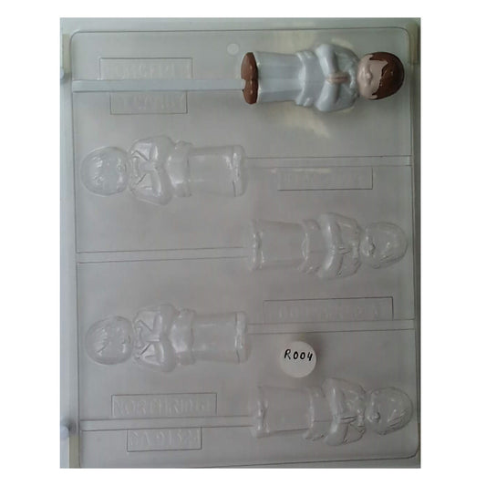 A meticulously detailed mold for crafting a chocolate lollipop depicting a boy in his First Communion attire, complete with a suit and tie, a touching favor for First Communion celebrations.