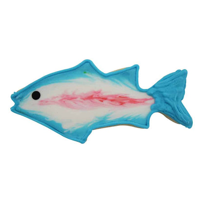 Decorated fish cookie with blue, white, and red marbled icing and a black eye.