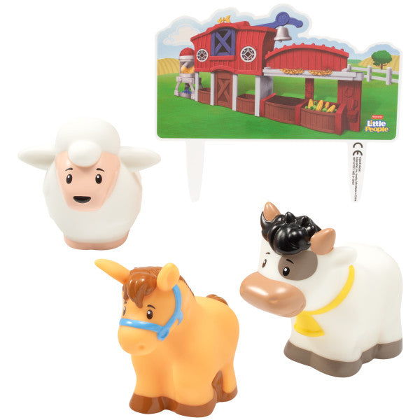 A set featuring a cow, horse, and sheep finger puppets with a colorful farm backdrop.