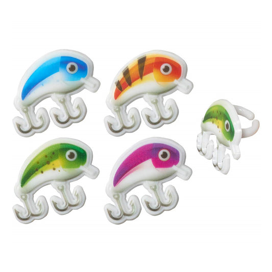 A set of fishing lure cupcake topper rings in assorted colors, designed as miniature fish with intricate details, perfect for embellishing cupcakes for fishing trips, outdoor events, and themed parties.