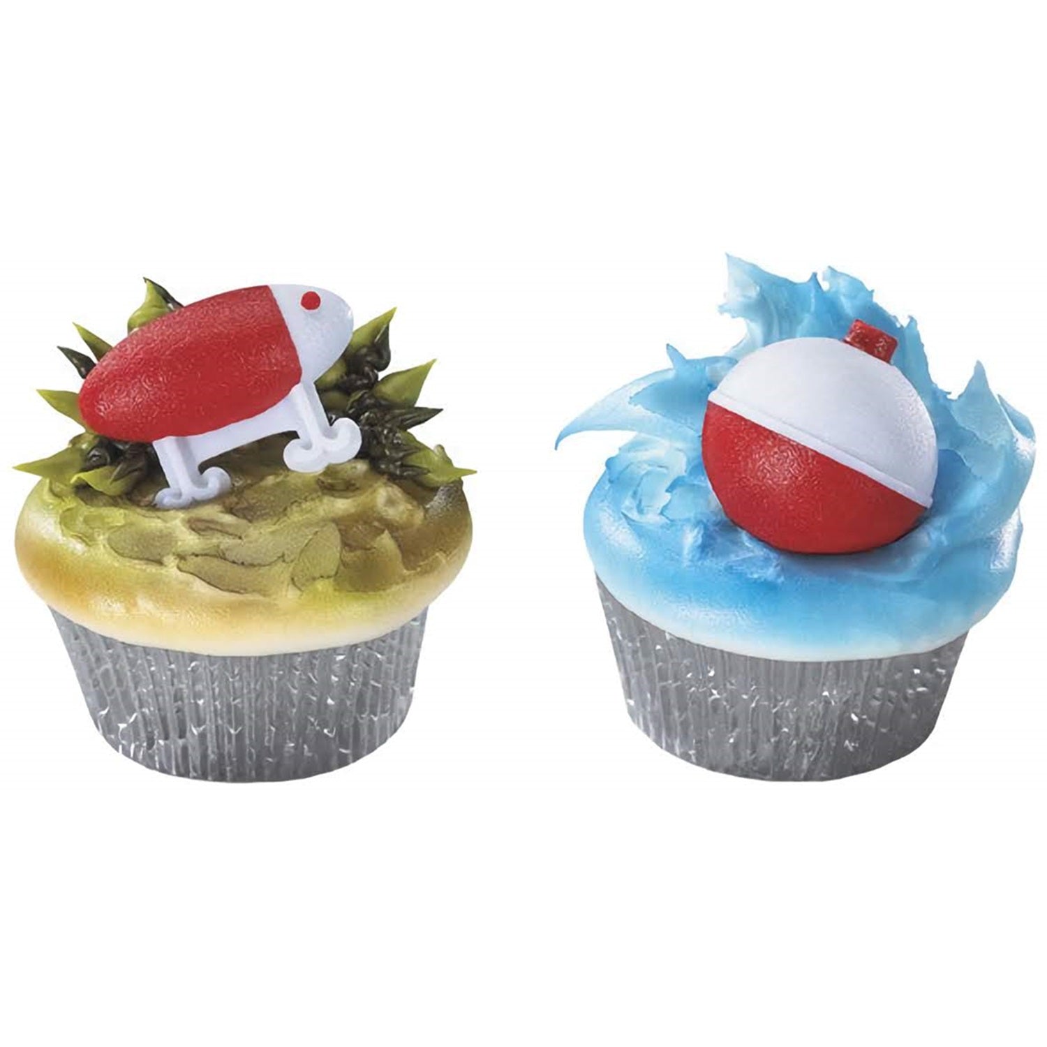 Fishing lure and bobber cupcake topper rings set, featuring a red and white bobber and detailed fish-shaped lures in various colors, perfect for a fishing-themed party or to celebrate a fishing trip.