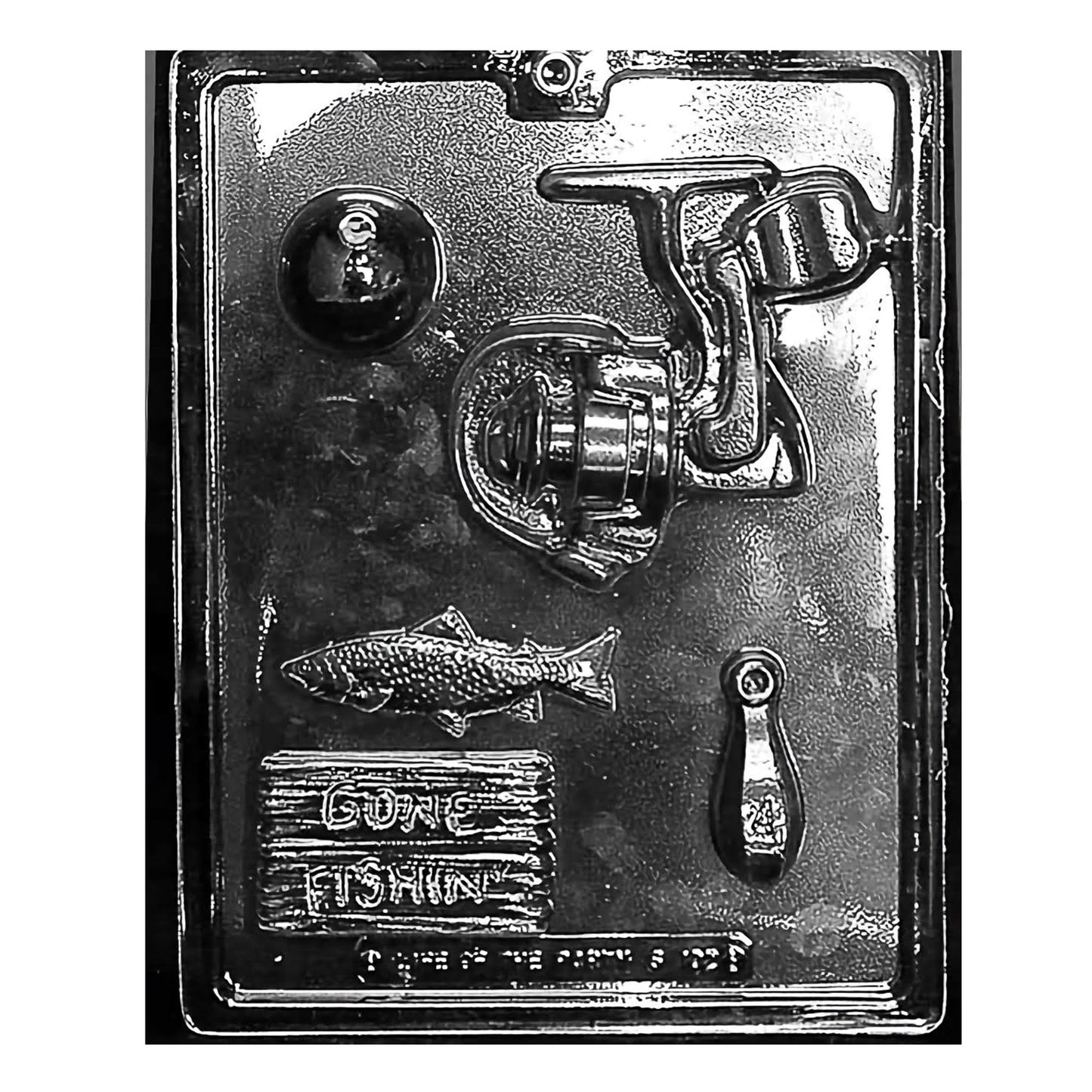 A detailed chocolate mold designed to create fishing-themed chocolates, featuring shapes of fish, fishing reels, baits, and a 'Gone Fishing' sign, perfect for anglers and outdoor enthusiasts.