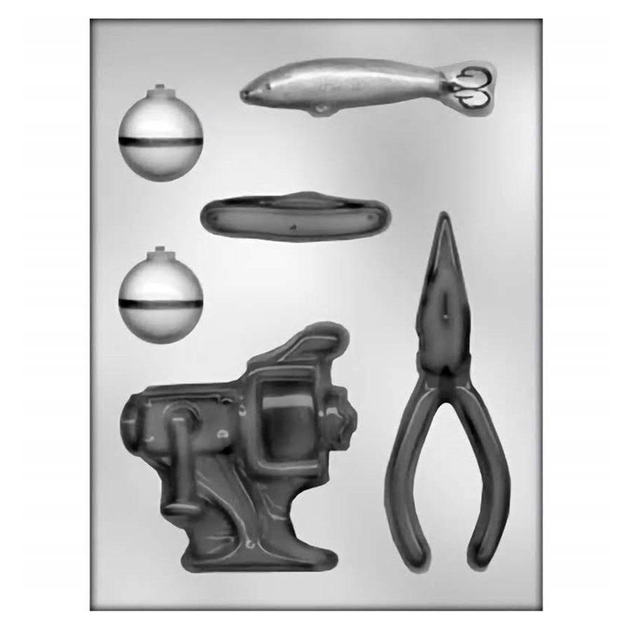 This image features a chocolate mold that includes various fishing tackle items, with cavities shaped like a fish, a bobber, a fishing reel, and pliers, offering a creative way to craft chocolates for fishing enthusiasts.