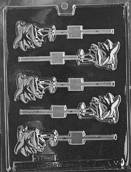 Plastic candy mold with five lollipop cavities shaped like flamingos standing on one leg with detailed feathers and long necks, designed for chocolate or candy pops.
