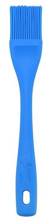 Close-up of a blue flat silicone bristle pastry brush with an ergonomic handle and hanging loop.