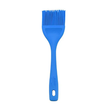 Blue 2 1/2" wide silicone bristle pastry brush with a durable handle and hanging loop.