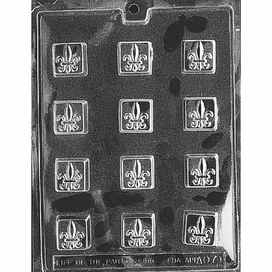 Fleur-de-Lis Square Mint Mold with twelve square cavities, each featuring a detailed Fleur-de-Lis design. The mold creates 1-1/4 inch by 1-1/4 inch and 9/16 inch deep chocolate pieces, using approximately 0.4 ounces of chocolate per piece. Made of food-grade plastic and manufactured in the USA.
