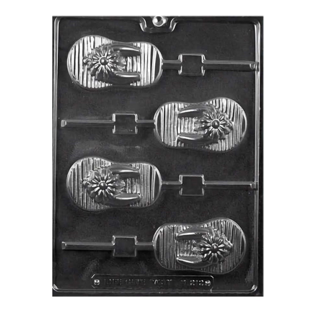 Plastic chocolate mold for making flip flop lollipop treats, featuring detailed strap and flower designs on the sole, perfect for summer-themed parties and beach events.