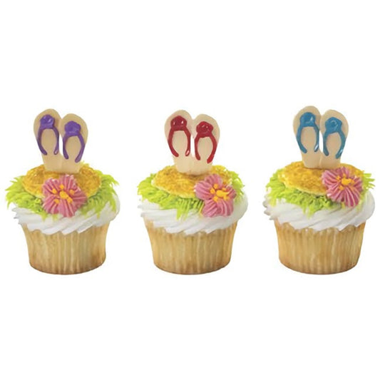 Flip flop cupcake topper picks, showcasing a variety of colorful sandal designs, suitable for poolside parties, beach-themed events, or summer fun cakes.