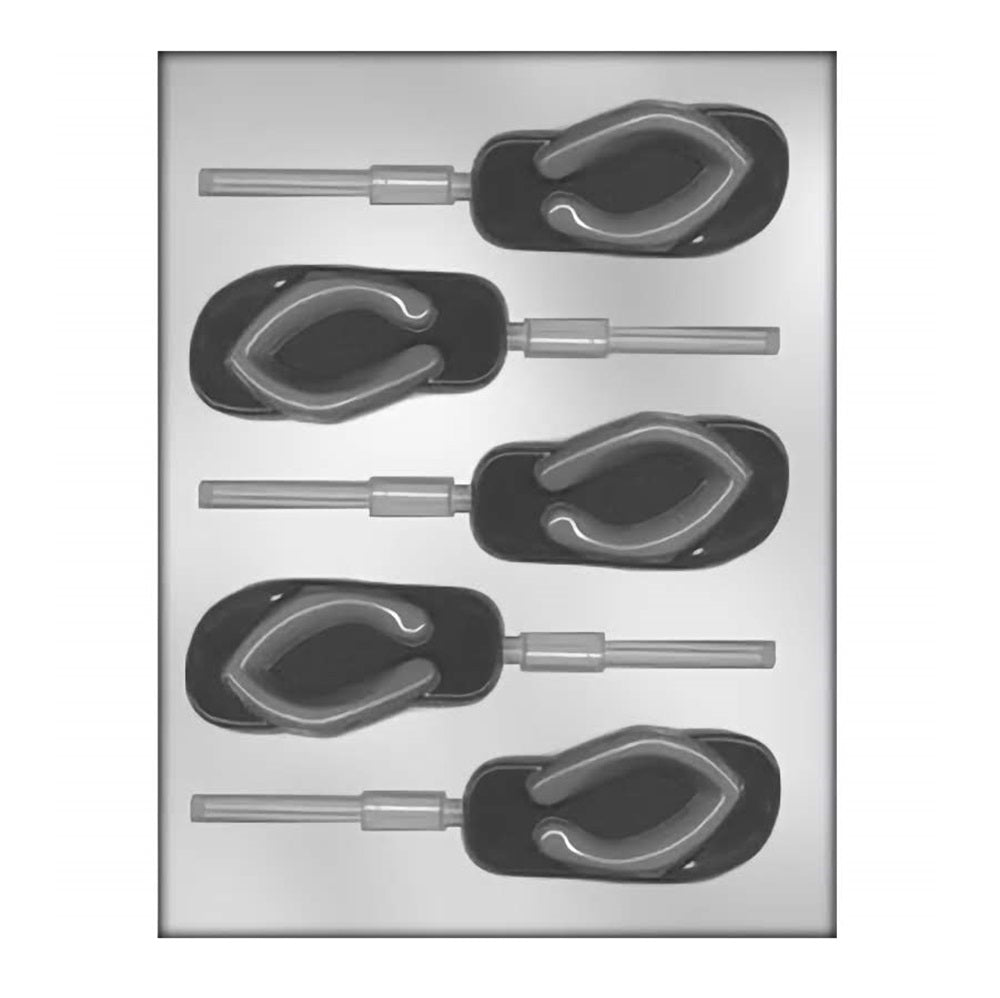 A plastic mold for making flip flop-shaped chocolate suckers, ideal for summer-themed parties or beach event giveaways.