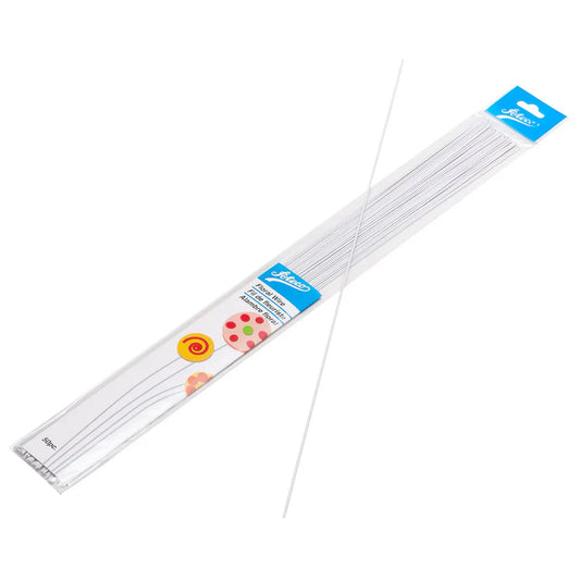 White floral wire for cake decorating, packaged in a clear sleeve with a blue label, featuring 50 paper-covered steel wires measuring 14 inches each.