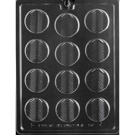 Chocolate mold designed for creating Florentine wavy wafers, featuring twelve circular compartments each with a distinctive wavy pattern.