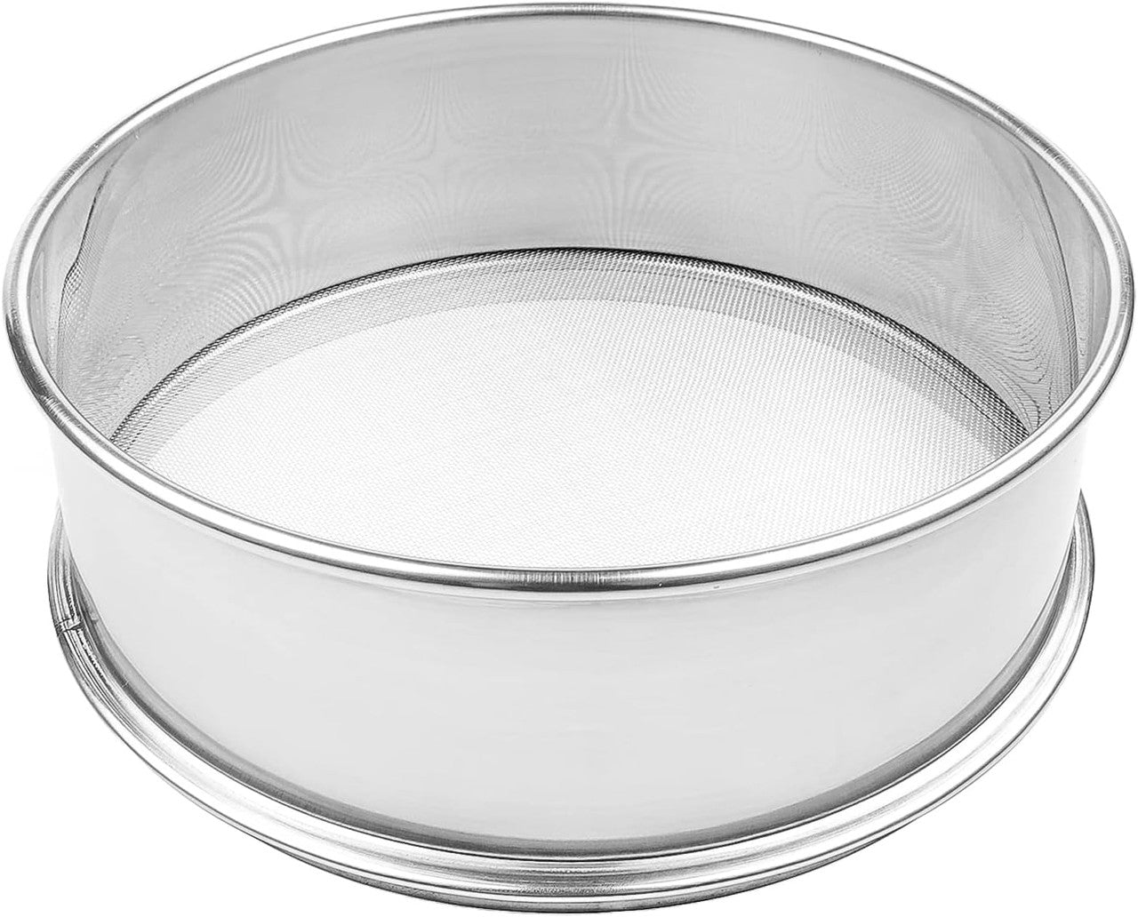 Round stainless steel flour sifter with fine #20 mesh bottom and smooth rolled rim, shown as a shallow 8-inch cylinder on a white background.