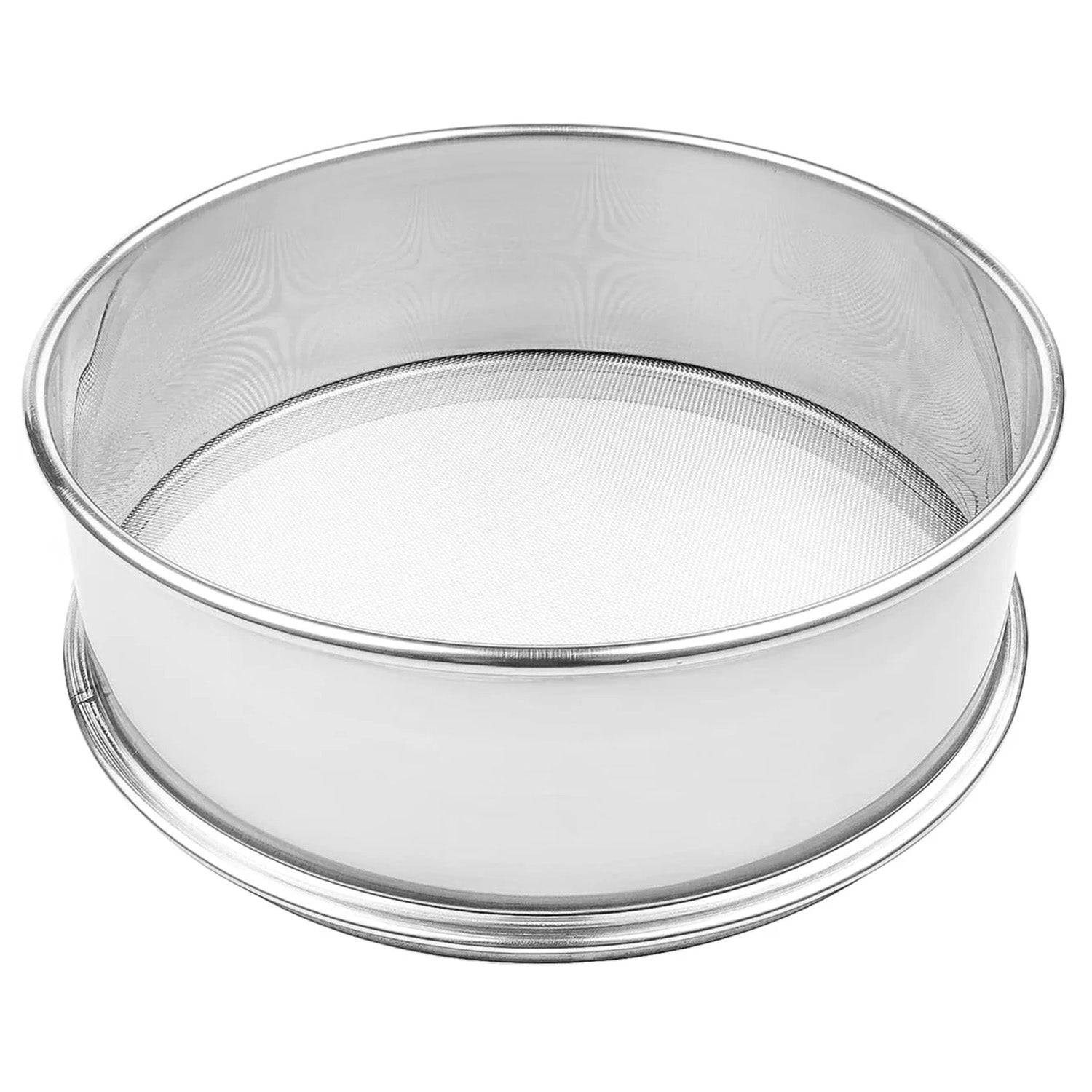 Stainless steel flour sifter with a fine mesh bottom and rolled rim, shown as a round 8-inch sifting screen on a white background.