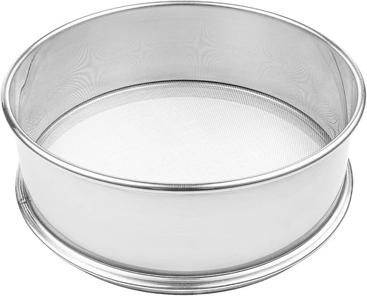 Round stainless steel flour sifter with an 8-inch frame, fine #50 mesh screen, and a stackable base rim, shown on a white background.