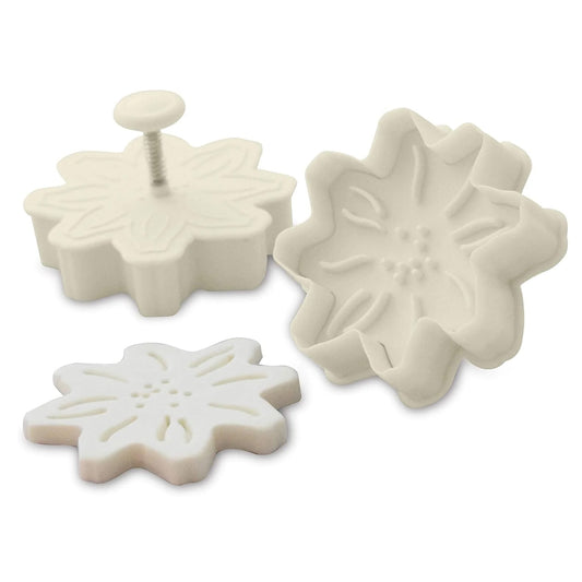 White 2-inch flower plunger cutter shown in three views, including the plunger top with a small button, the flower-shaped cutting edge, and an embossed flower stamp impression.
