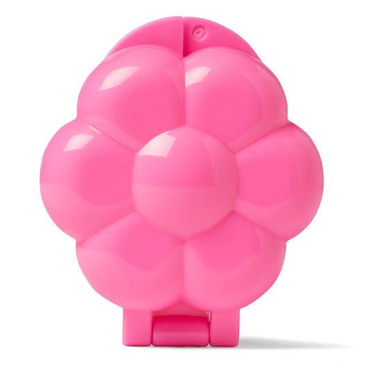 Bright pink flower-shaped cake pop mold shown closed from the front, featuring a glossy round center surrounded by eight curved petals on a white background.