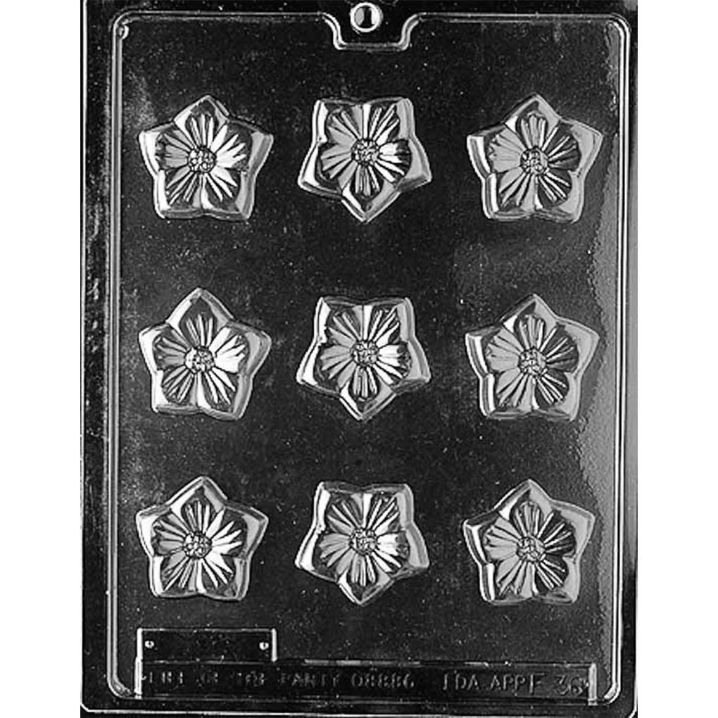 Clear plastic Blossom for Filling Chocolate Mold with nine detailed five-petal flower cavities arranged in three rows of three