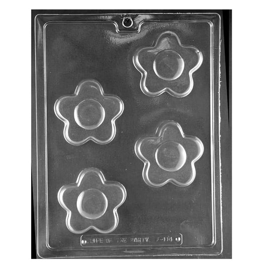 An image of a clear plastic chocolate mold with three large flower-shaped cavities, each with a central circular depression, perfect for creating floral-themed chocolate treats.
