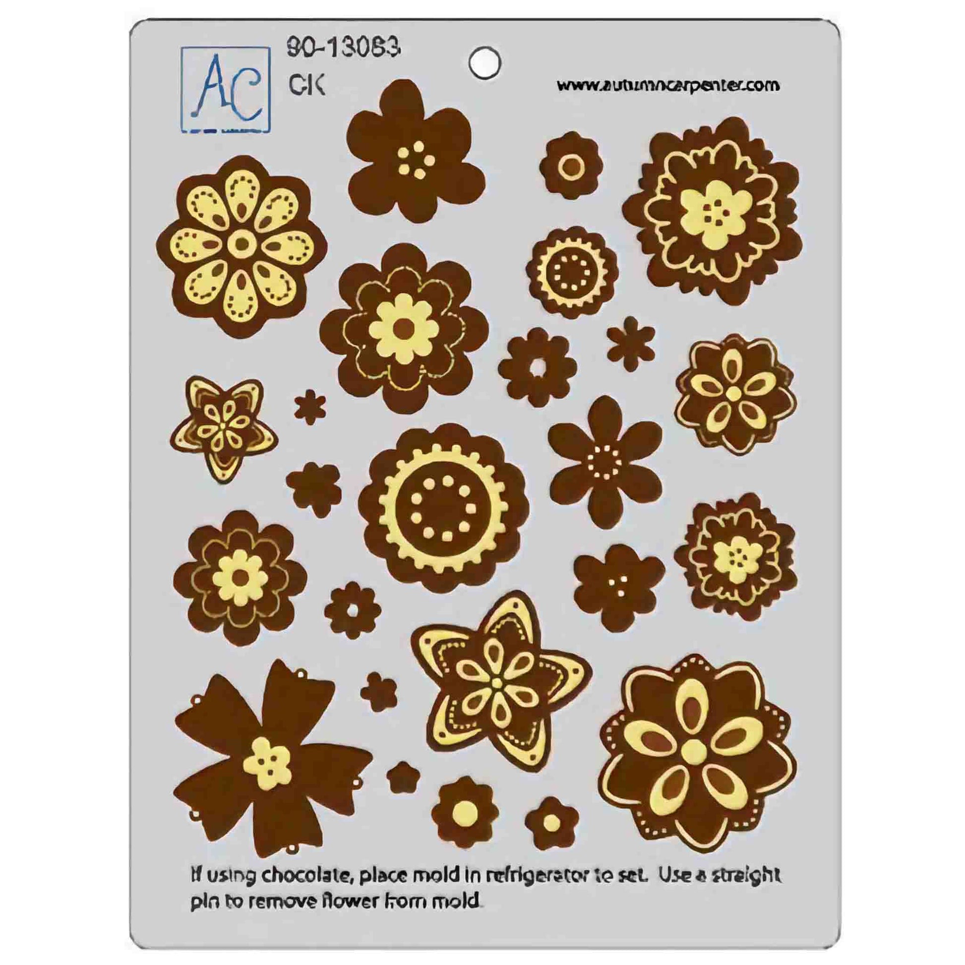 Flower Fun Fondant Mold (Model 90-13083) featuring various intricate flower shapes for decorating cakes and other sweet treats.