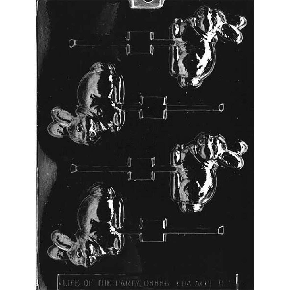 Clear plastic chocolate lollipop mold with four cavities shaped like a full seated rabbit with two upright ears and a bow at the neck, each cavity aligned with a straight stick channel on a dark background.