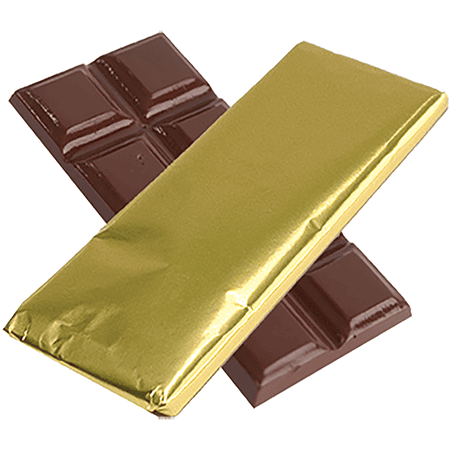 Chocolate bar wrapped in shiny gold confectioners foil with another unwrapped bar showing smooth chocolate squares.
