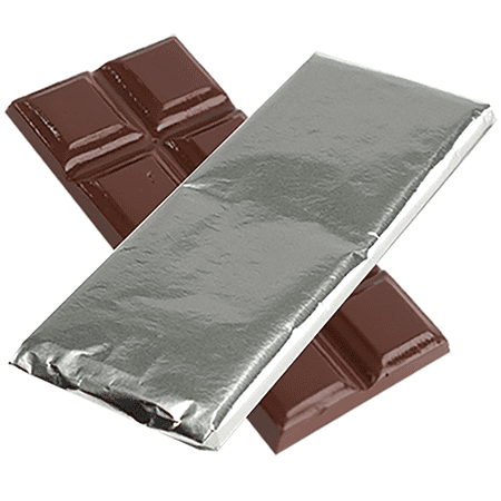 Chocolate bar wrapped in silver confectioners foil with another unwrapped bar showing smooth, glossy chocolate squares.