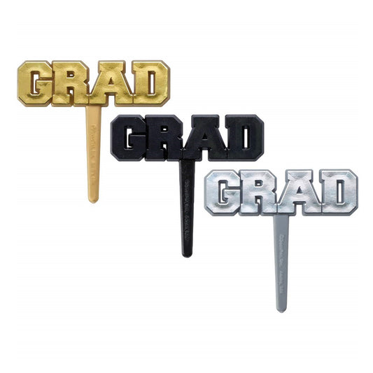 A set of three cupcake toppers spelling out 'GRAD' in bold, block letters, available in gleaming gold, sleek black, and shimmering silver foils to celebrate a graduate's achievement.