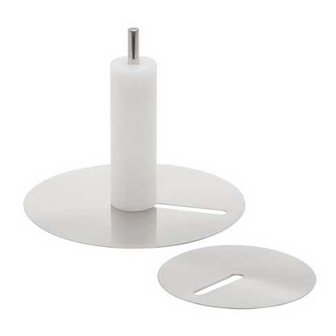 Ateco 4" stainless steel fondant strip applicator with a white plastic handle and two round metal plates for precise fondant application.