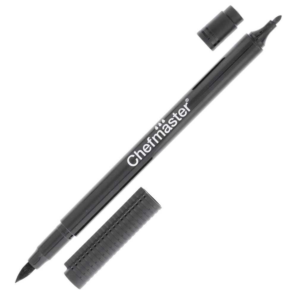 Black Chefmaster edible food coloring pen with dual tips, fine and bold, uncapped.