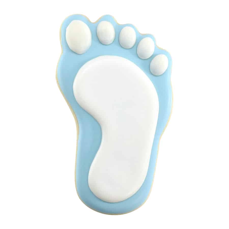 Baby footprint-shaped sugar cookie decorated with smooth blue and white icing, designed for a baby shower.