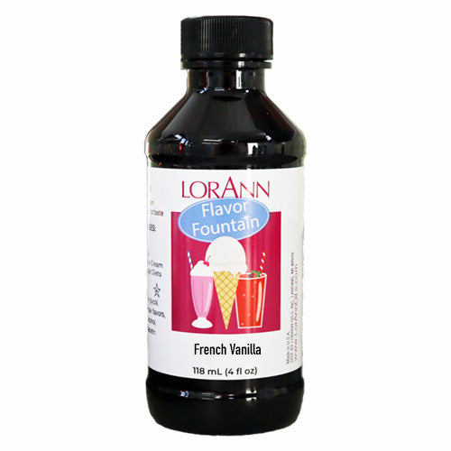 LorAnn French Vanilla Flavor Fountain bottle with illustrated label showing ice cream and shakes, used to flavor frozen desserts and beverages with rich vanilla taste