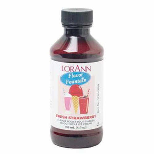 LorAnn Flavor Fountain Fresh Strawberry flavoring in a 4 oz bottle for shakes, smoothies, and ice cream.