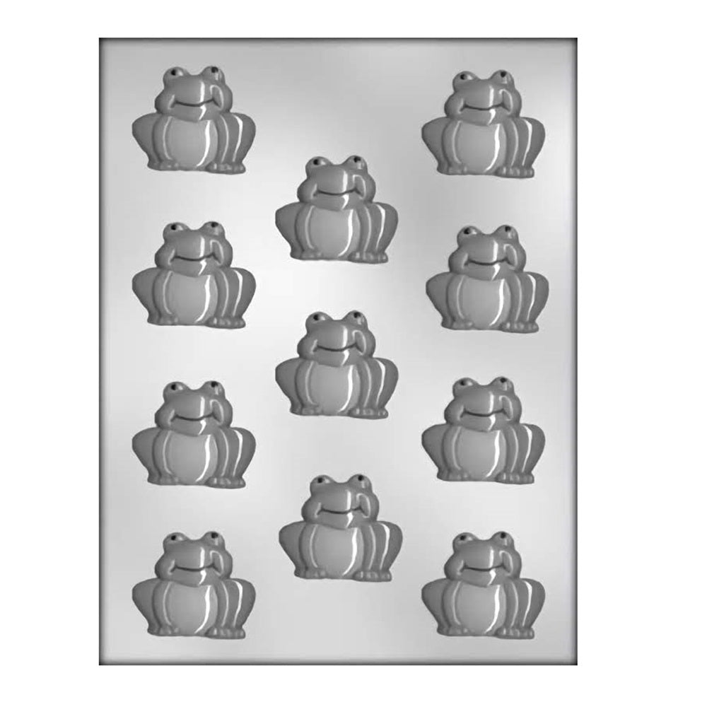 Chocolate mold sheet featuring multiple frog shapes, designed for creating whimsical frog-themed confections perfect for children's parties and nature-themed events.