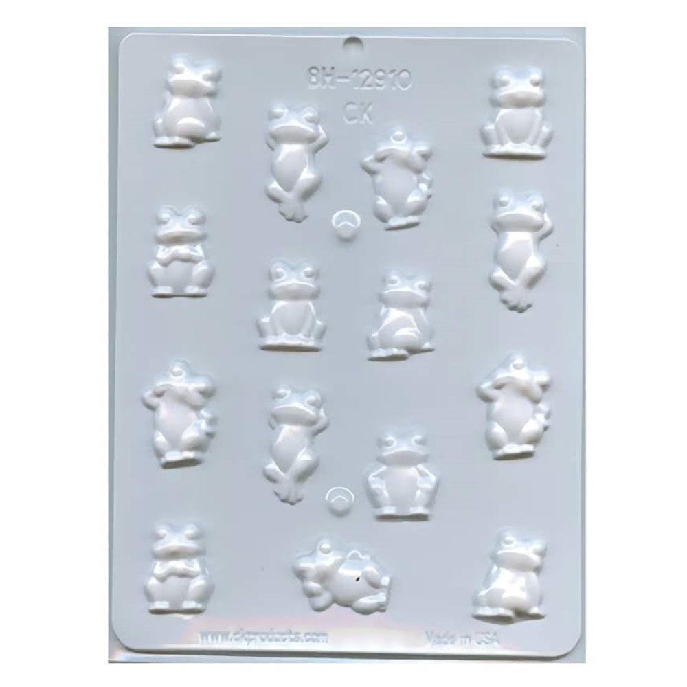 This is a hard candy mold that makes frog shaped hard candies. The frogs are in various poses from standing to laying down.