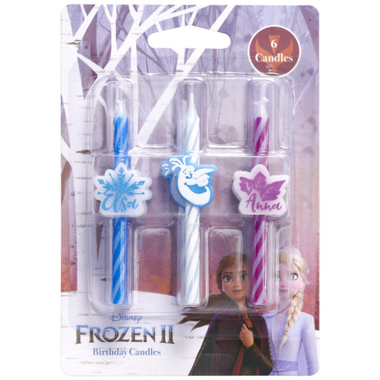 Frozen II birthday candle set featuring 6 spiral candles with toppers of Elsa, Anna, and Olaf in themed packaging.