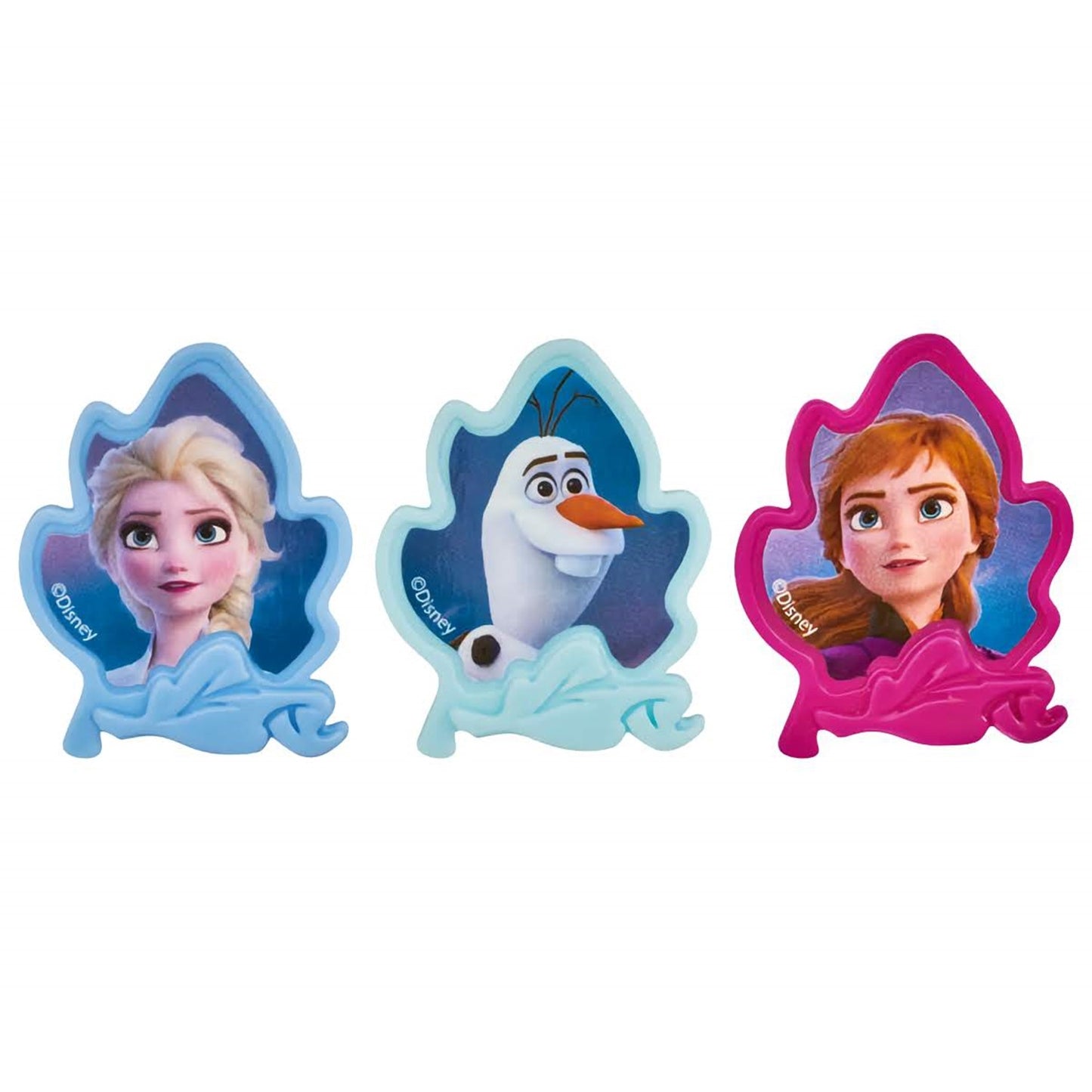 Enchanting cupcake toppers from 'Frozen II' with Elsa, Anna, and Olaf, capturing the magic of the movie in edible form, perfect for a Frozen-themed party, from Lynn's Cake, Candy, and Chocolate Supplies.