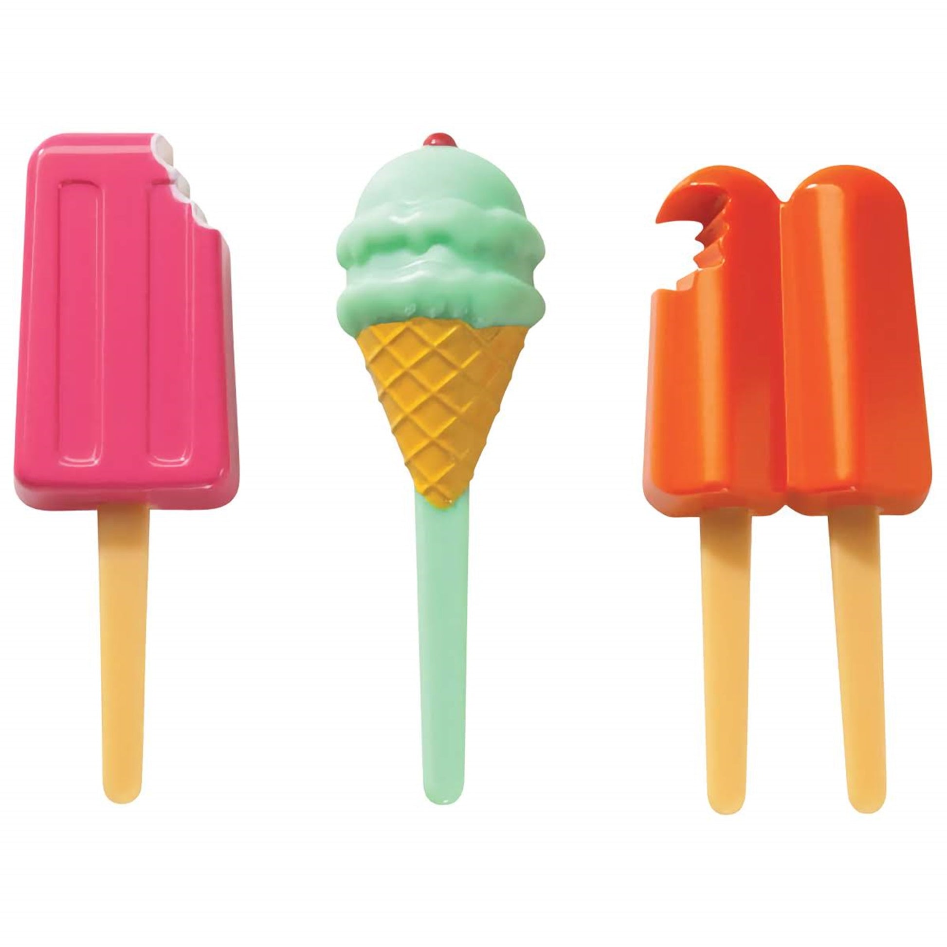 Frozen treats cupcake topper picks shaped like classic summer ice pops and ice cream cones, in bright, playful colors, ideal for a summer party or ice cream social