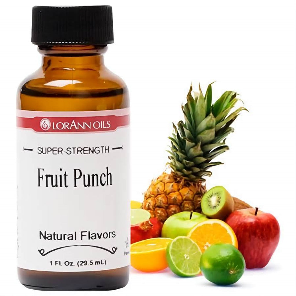 1 fl oz bottle of LorAnn Oils Super Strength Fruit Punch Natural Flavor, surrounded by a variety of tropical fruits, evoking a sweet and fruity punch mix.