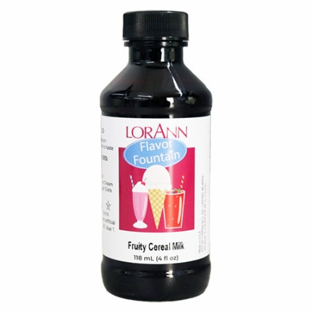 LorAnn Fruity Cereal Milk Flavor Fountain bottle with illustrated label of ice cream and shakes, used for flavoring frozen desserts and beverages with nostalgic cereal flavor