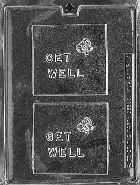 GET WELL CARD mold featuring chocolate cavities with Get Well message.