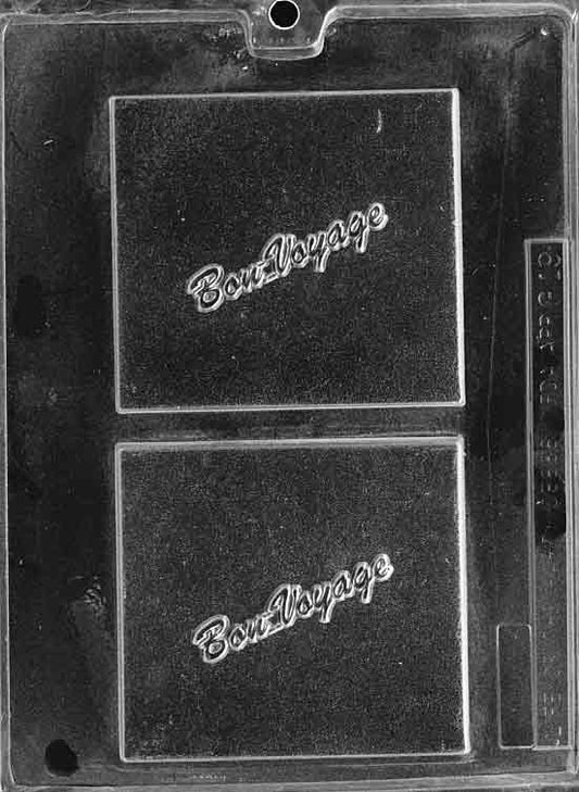 BON VOYAGE mold featuring chocolate card cavities with Bon Voyage message.