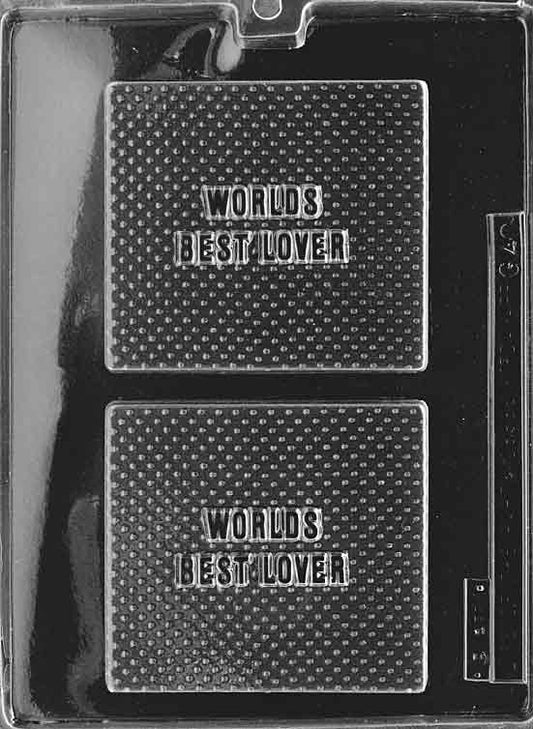 World's Best Lover chocolate mold, square message plaque with raised lettering.