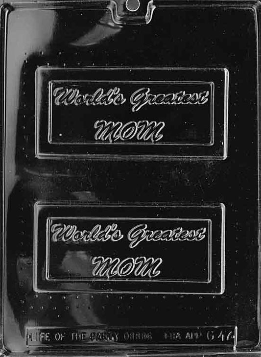 World's Greatest Mom chocolate mold, narrow plaque with raised text.
