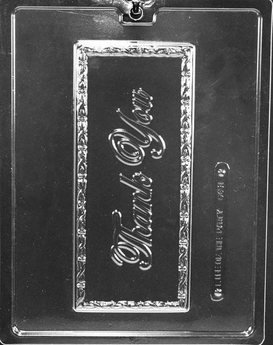 Thank You Script chocolate mold, elongated plaque with cursive lettering.